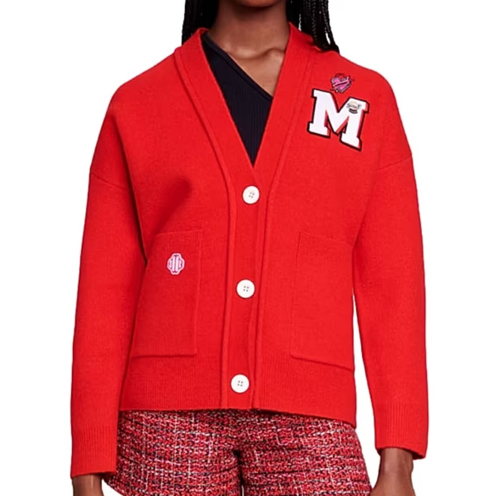 Maje Red M Monogram Varsity Cardigan Oversized Jacket Wool size 1 S